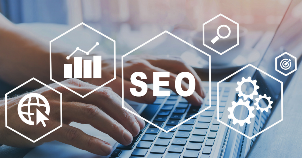 SEO 2 Hands typing on laptop with SEO icons and data charts representing AI-powered digital marketing strategies
