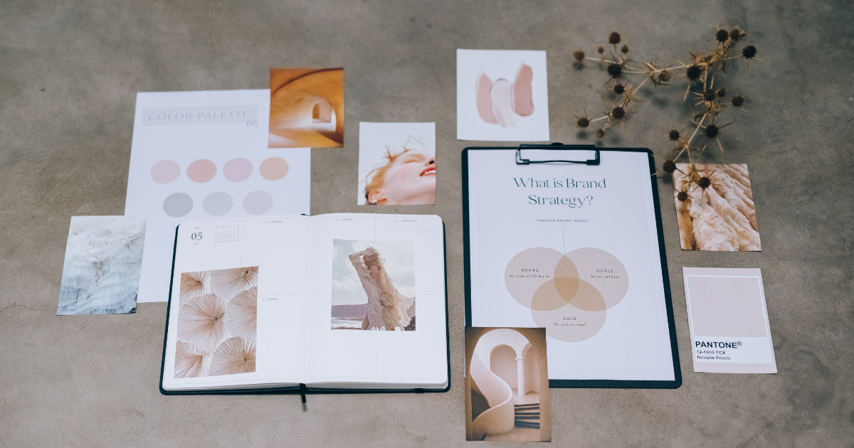 Brand strategy mood board with color palettes and visual identity elements for business branding.